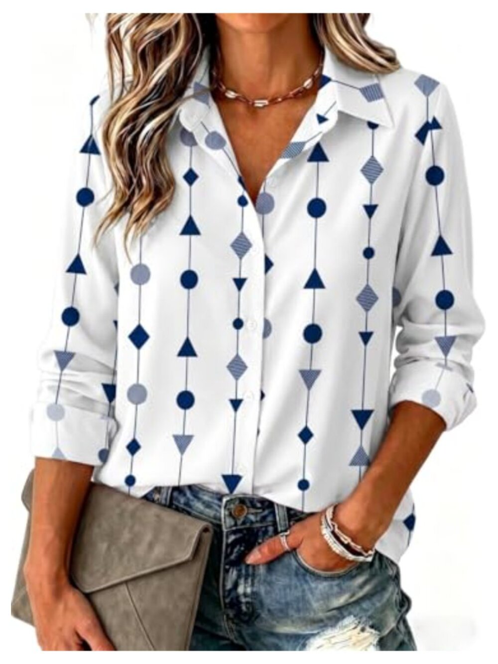 Women's Button Down Blouse Long Sleeve V-Neck Regular Fit Dressy Casual Top